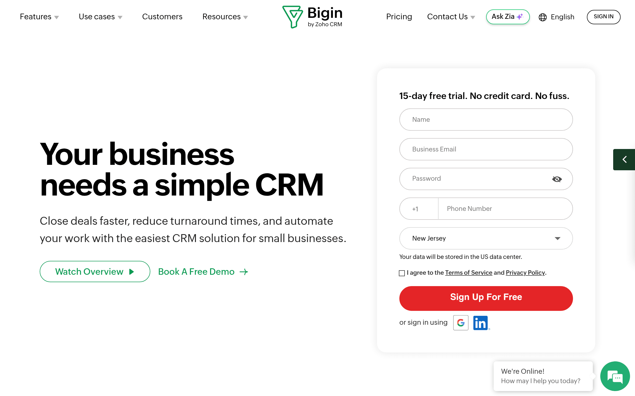 Bigin by Zoho website screenshot