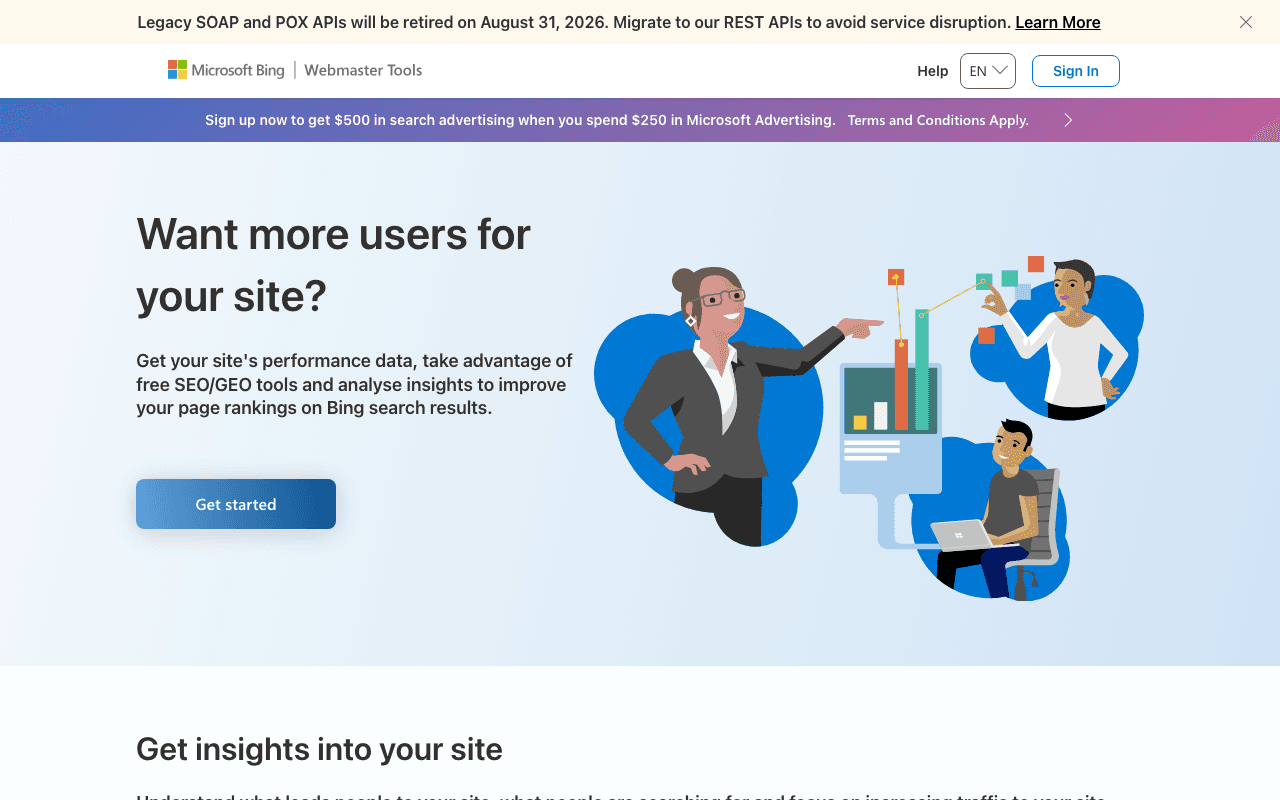 Bing Webmaster Tools website screenshot