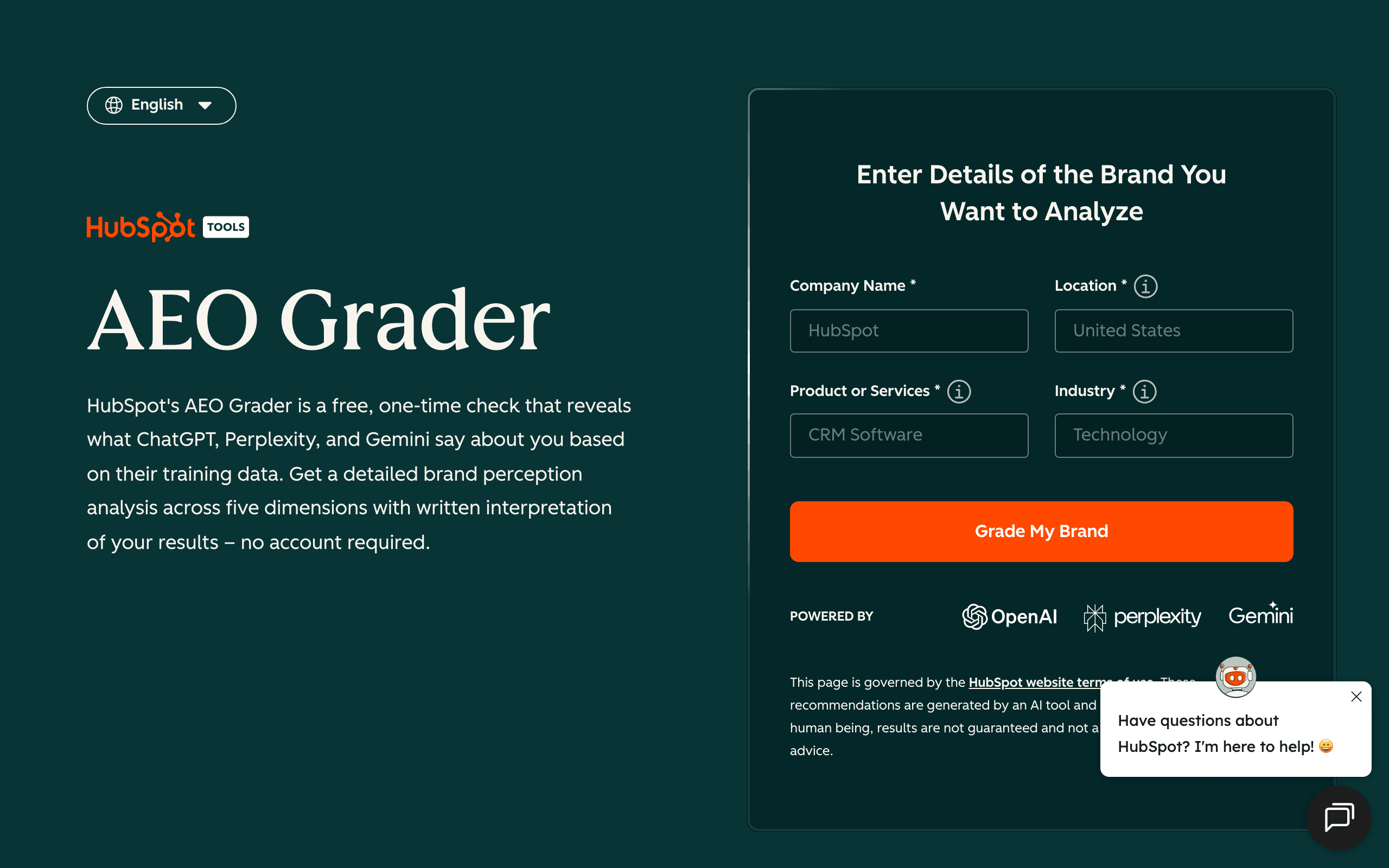 HubSpot AEO Grader website screenshot