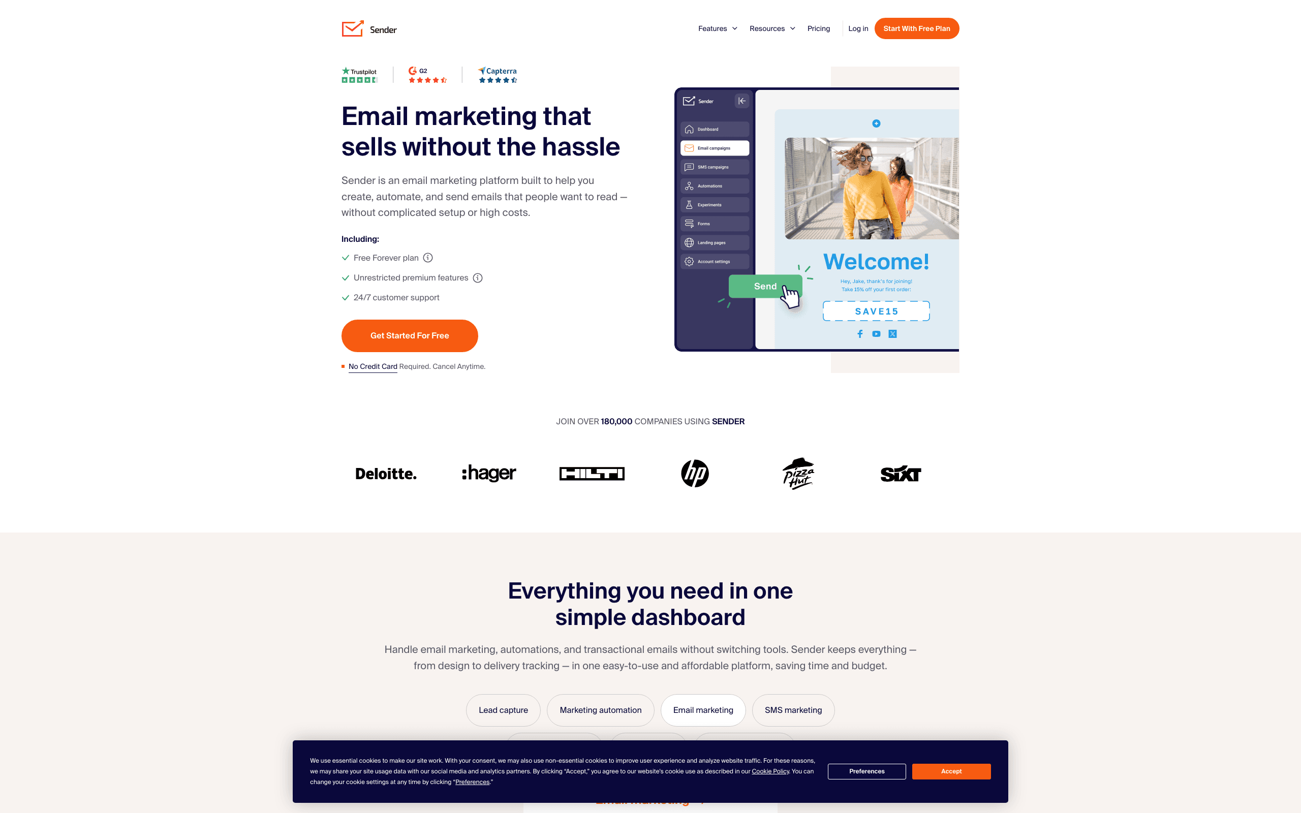 Sender website screenshot