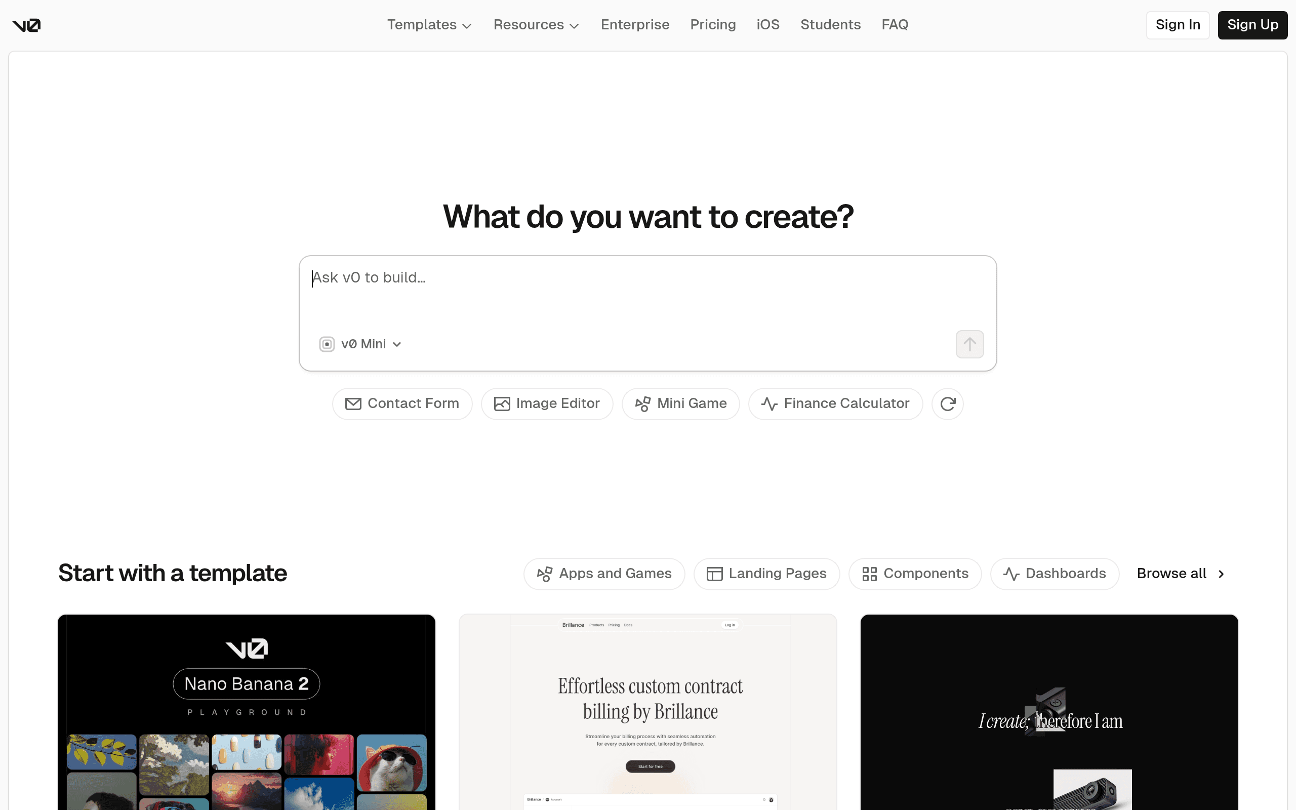 v0 by Vercel website screenshot